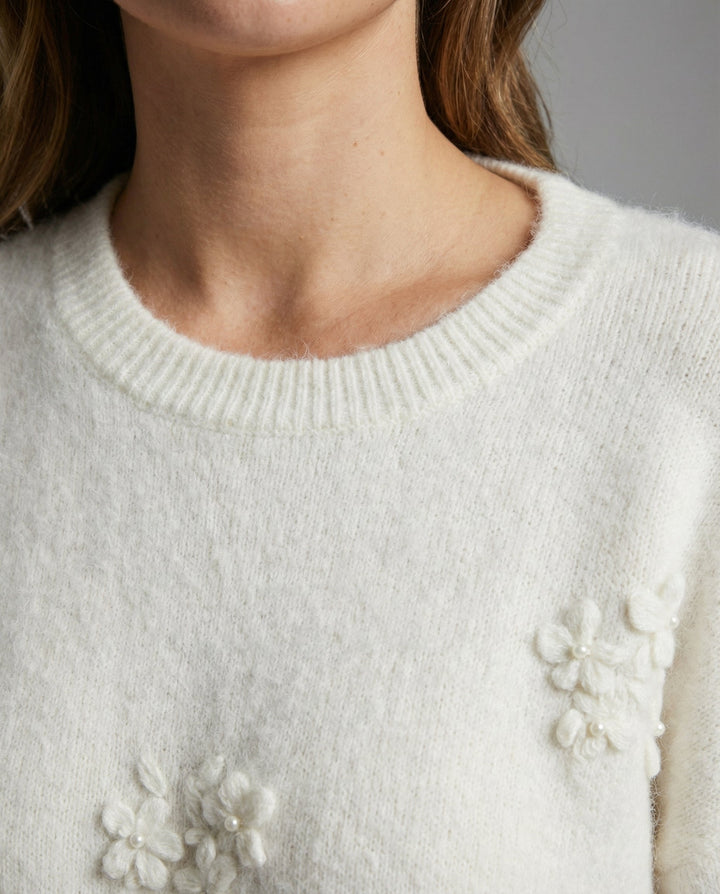 Jacquard Knit Winter Sweater | Round Neck | Soft White-Fashion Nora