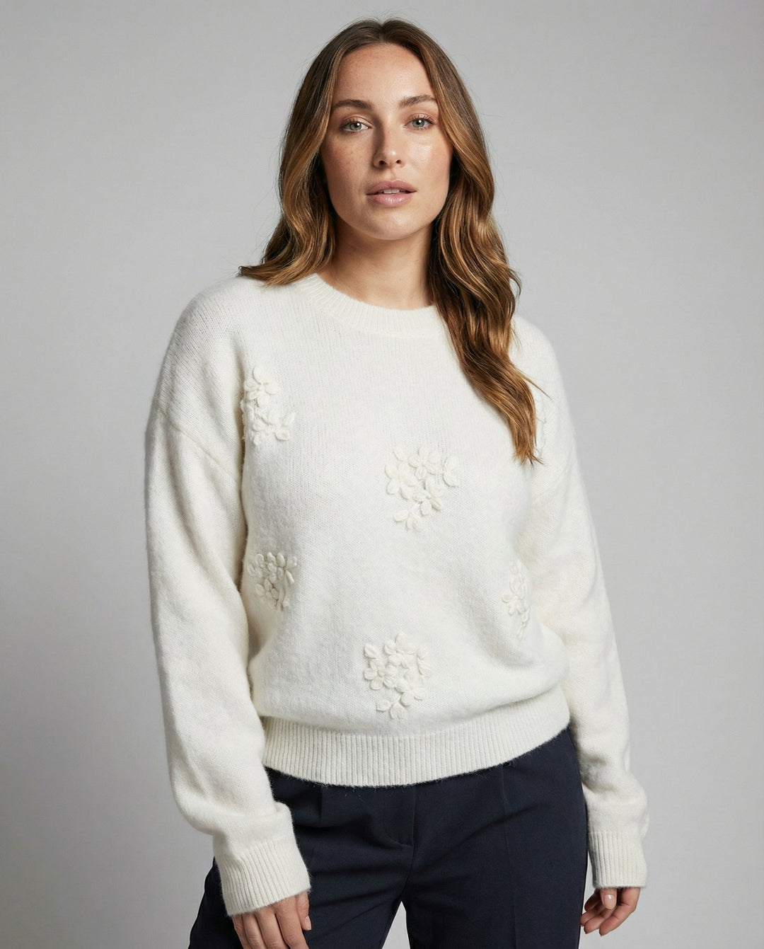 Jacquard Knit Winter Sweater | Round Neck | Soft White-Fashion Nora