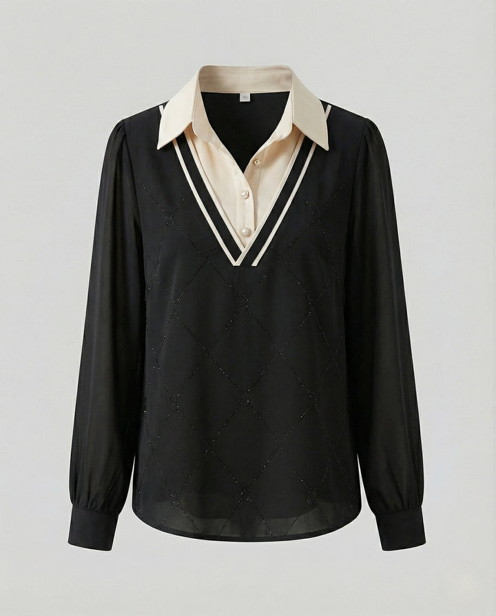 Layered Look Knit Sweater | Shirt Collar | V Neck Jumper-Fashion Nora