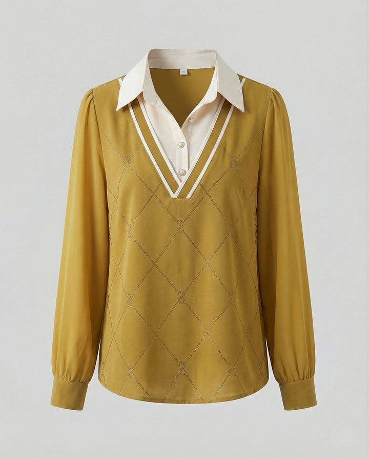 Layered Look Knit Sweater | Shirt Collar | V Neck Jumper-Fashion Nora