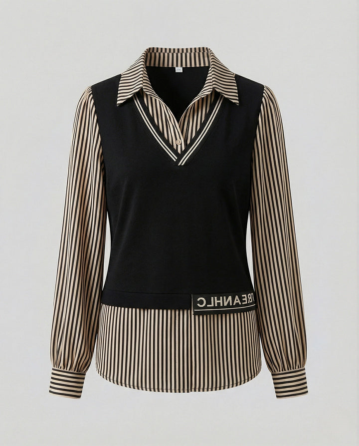 Layered Look Knit Sweater | Shirt Collar | V Neck Jumper-Fashion Nora