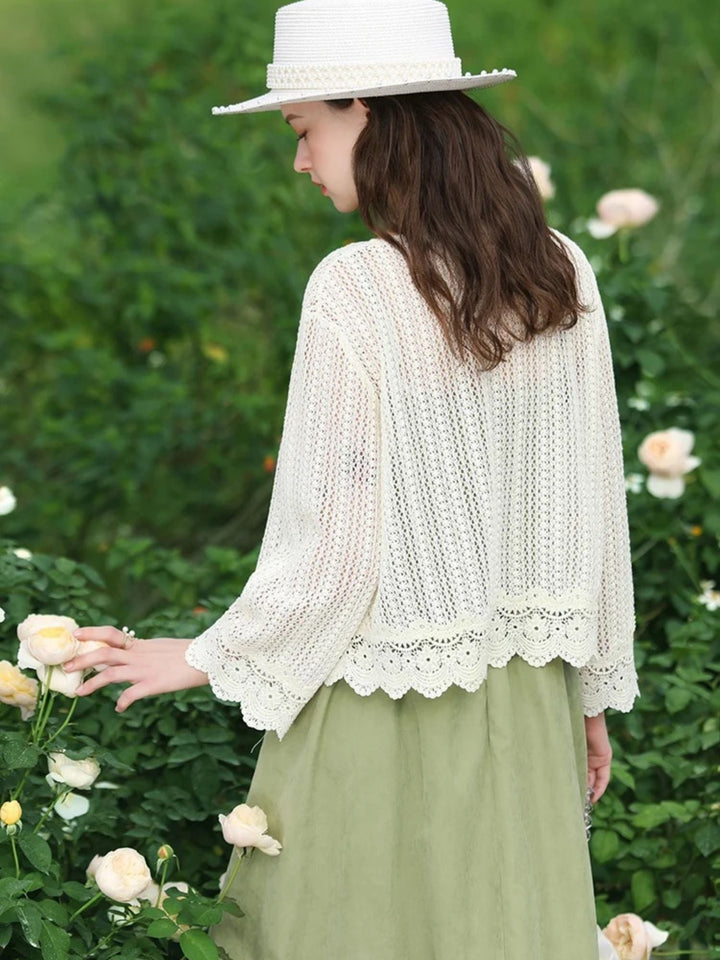Lightweight Lace Cardigan | Eyelet Detail | Scalloped Hem | V-Neck-Fashion Nora