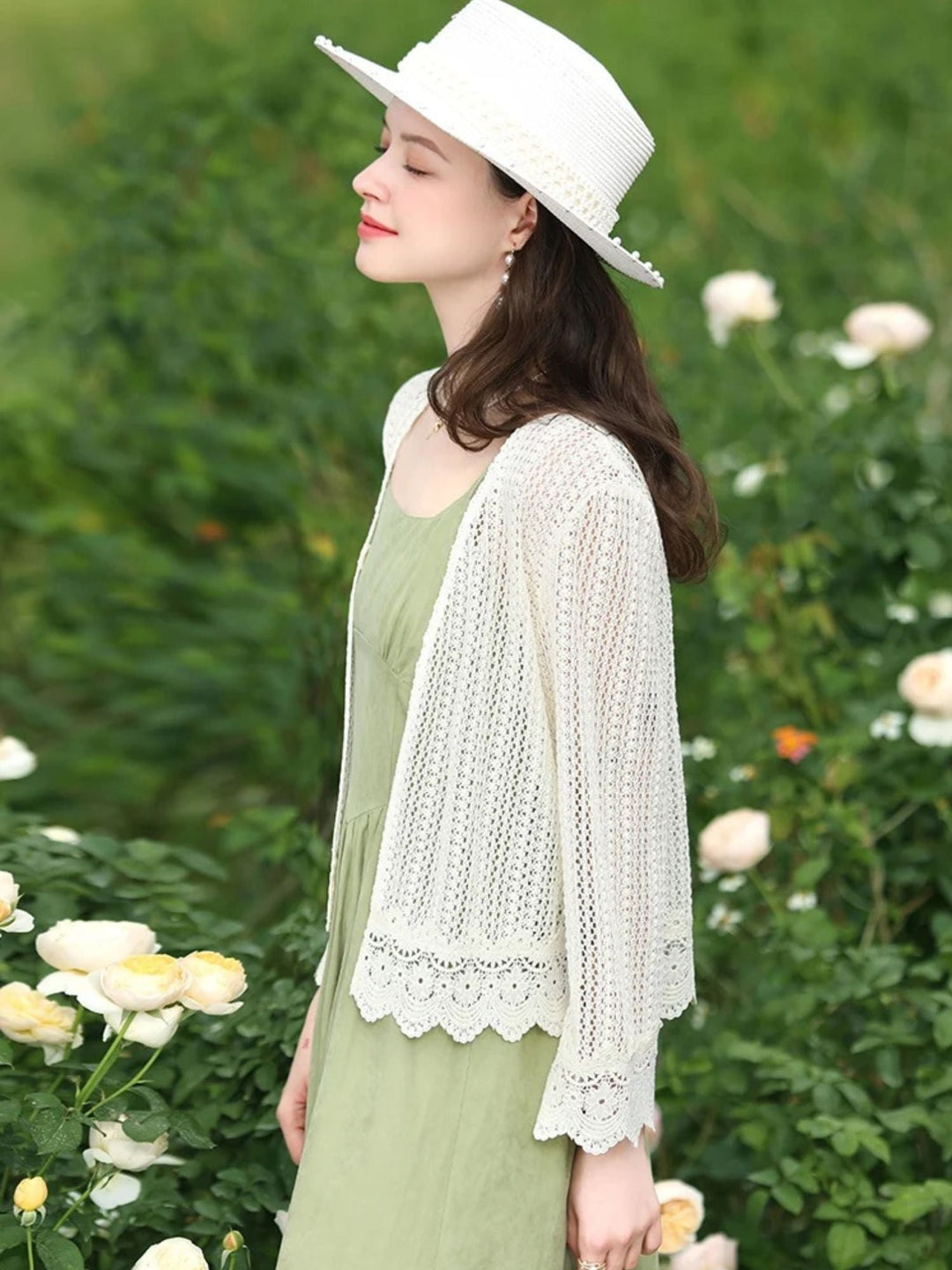Lightweight Lace Cardigan | Eyelet Detail | Scalloped Hem | V-Neck-Fashion Nora