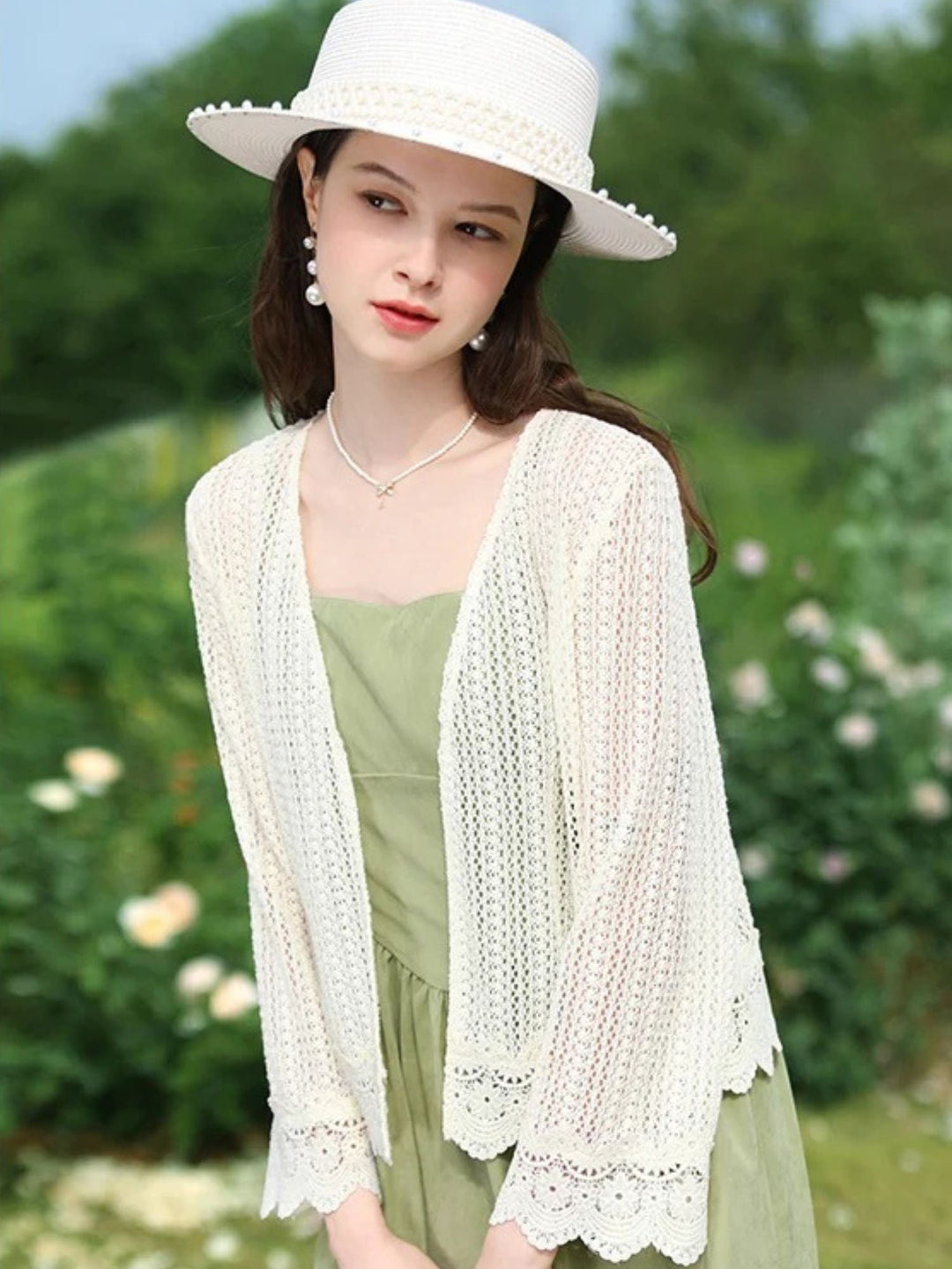 Lightweight Lace Cardigan | Eyelet Detail | Scalloped Hem | V-Neck-Fashion Nora