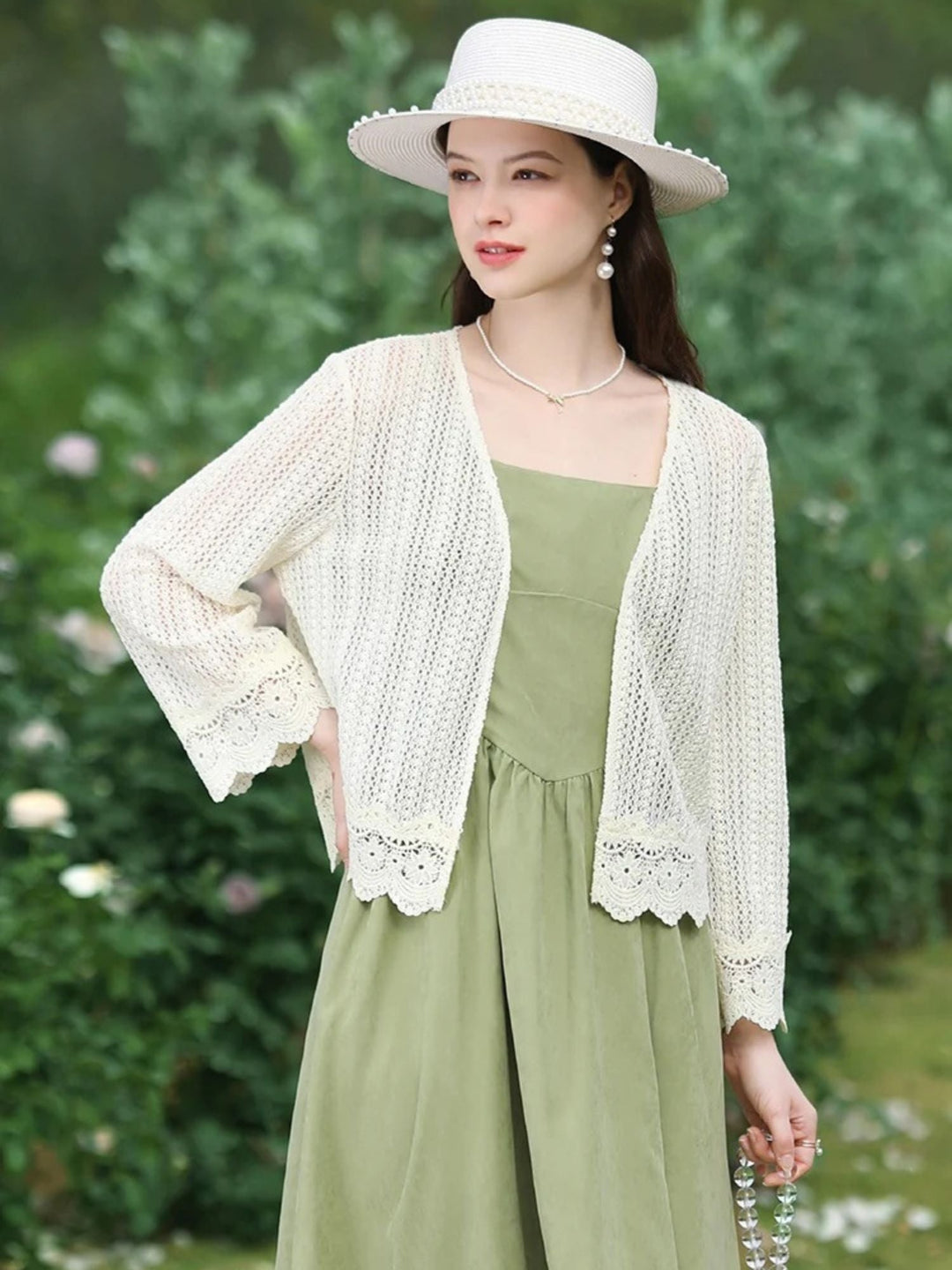 Lightweight Lace Cardigan | Eyelet Detail | Scalloped Hem | V-Neck-Fashion Nora