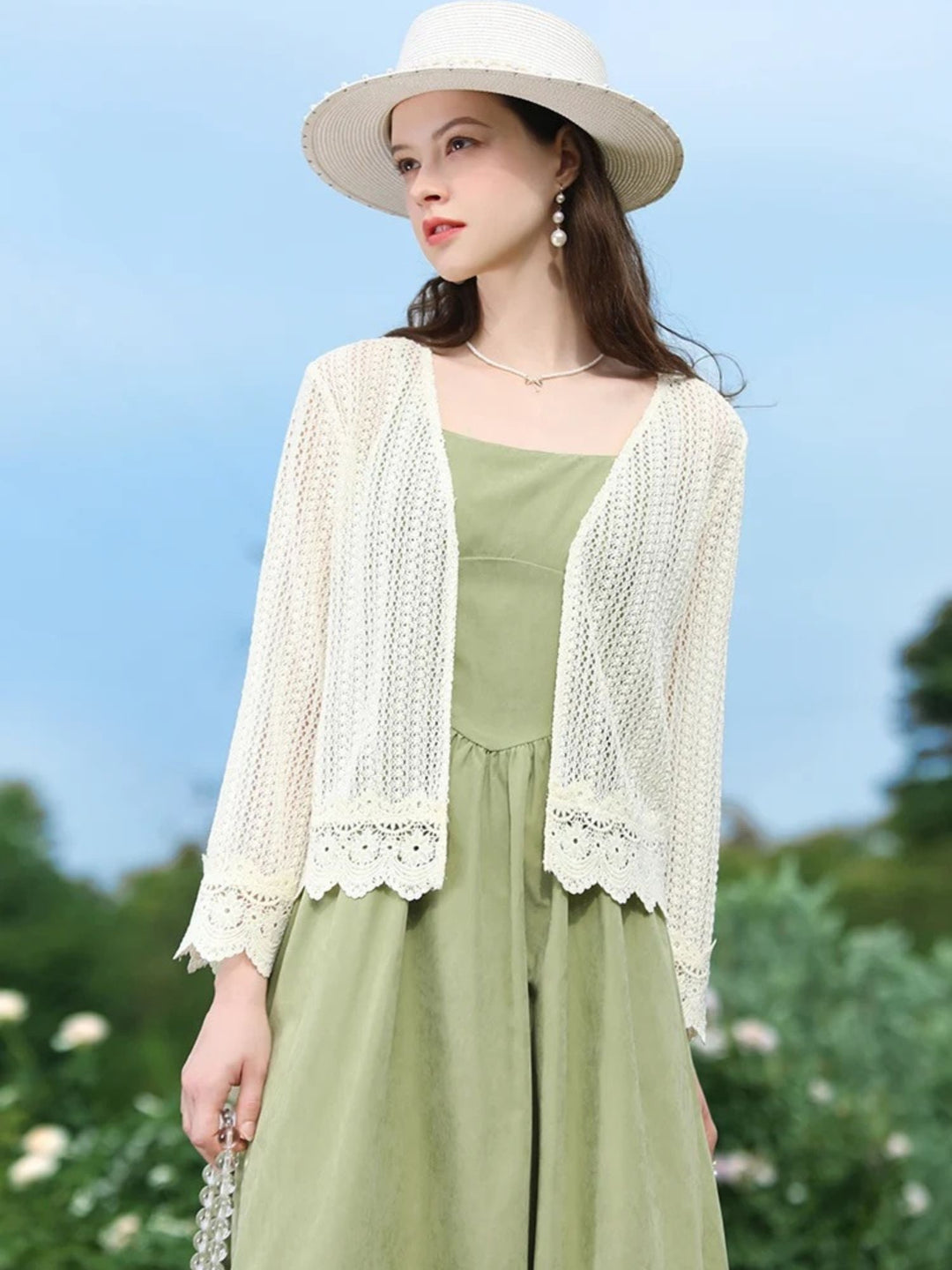 Lightweight Lace Cardigan | Eyelet Detail | Scalloped Hem | V-Neck-Fashion Nora