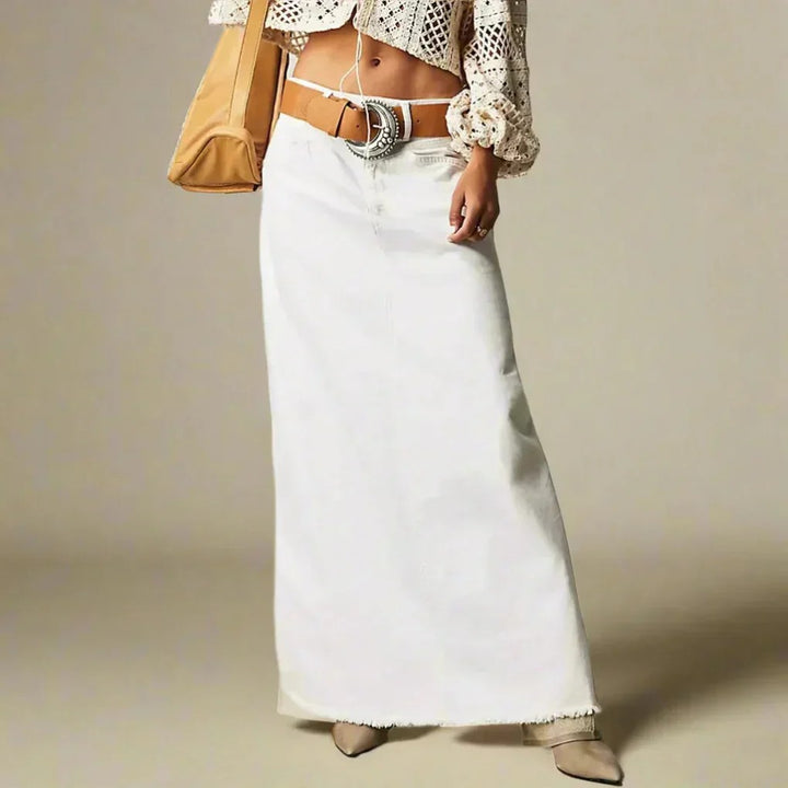 Long Denim Skirt | High Waist Maxi | Straight | Raw Hem-Fashion Nora