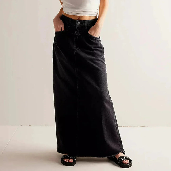 Long Denim Skirt | High Waist Maxi | Straight | Raw Hem-Fashion Nora