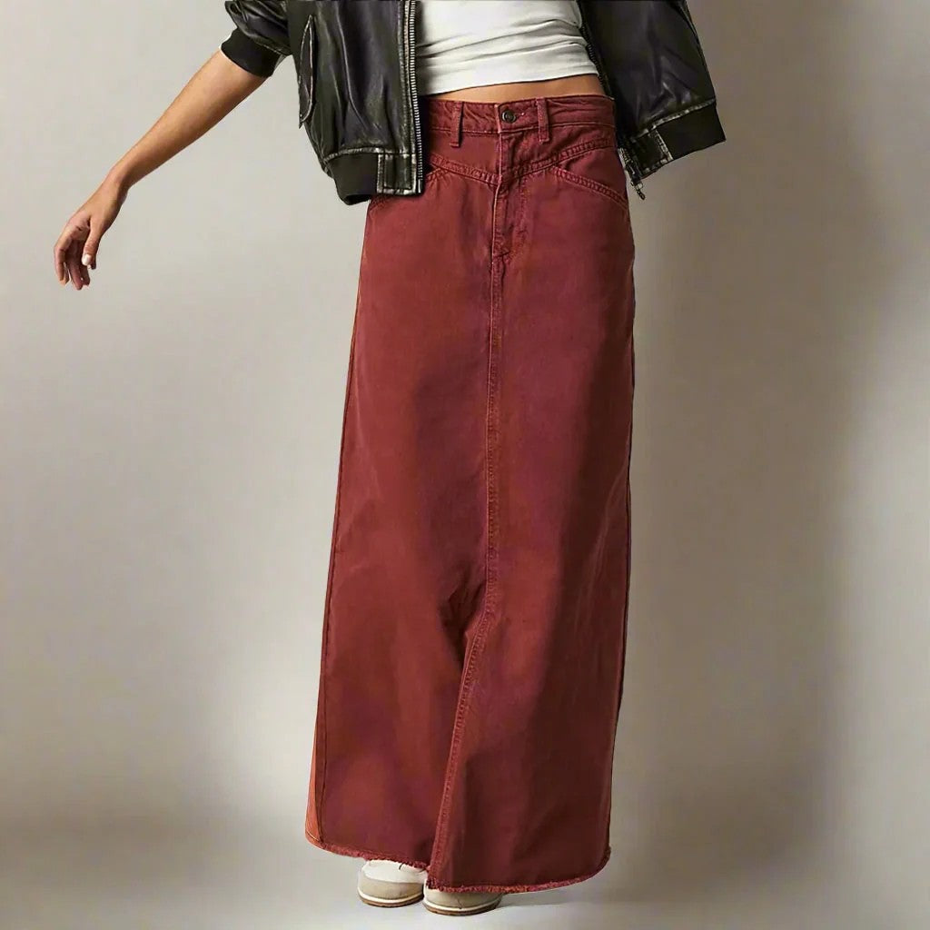Long Denim Skirt | High Waist Maxi | Straight | Raw Hem-Fashion Nora