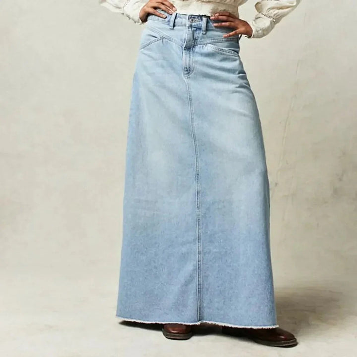 Long Denim Skirt | High Waist Maxi | Straight | Raw Hem-Fashion Nora