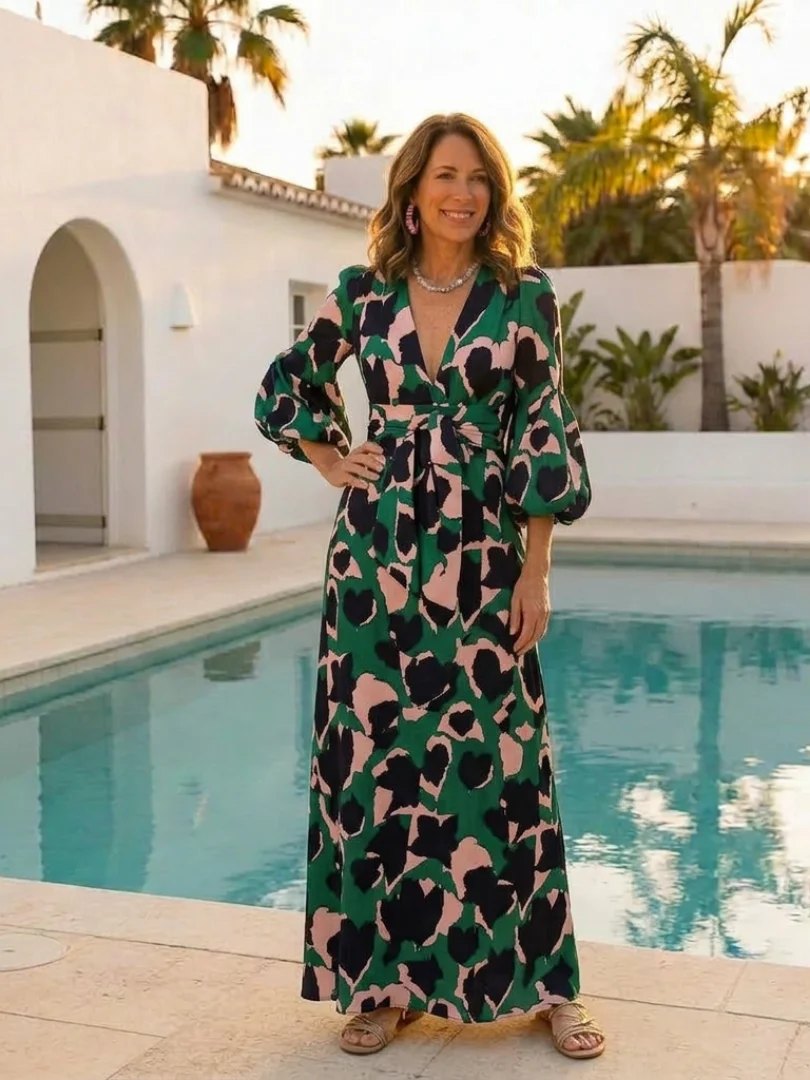 Long Sleeve Maxi Dress | V Neck | Tie Waist-Fashion Nora