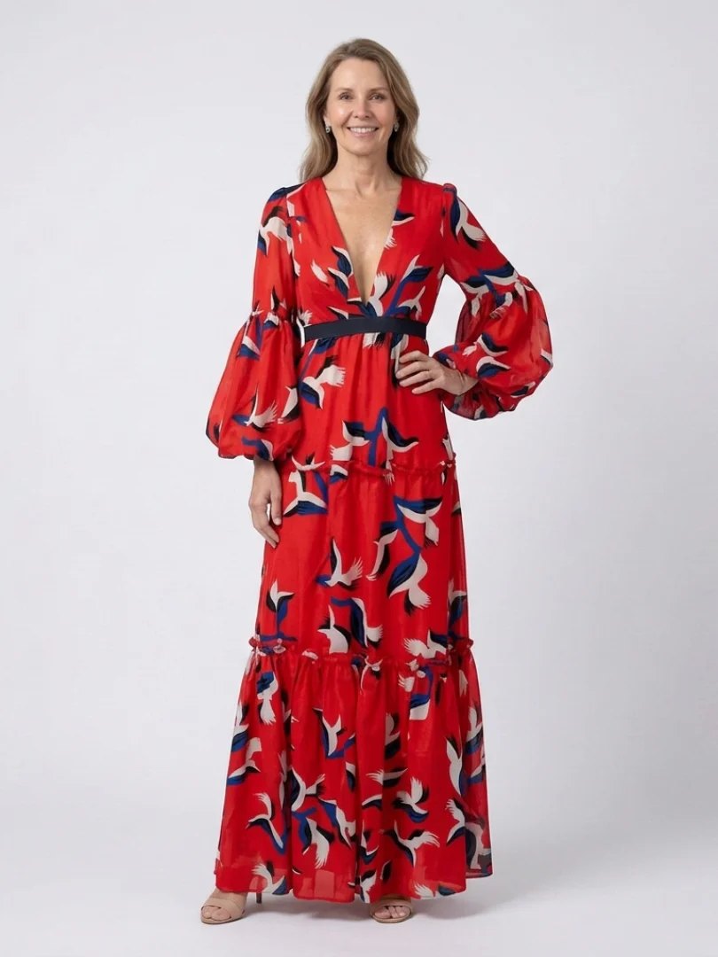 Long Sleeve Maxi Dress | V Neck | Tie Waist-Fashion Nora