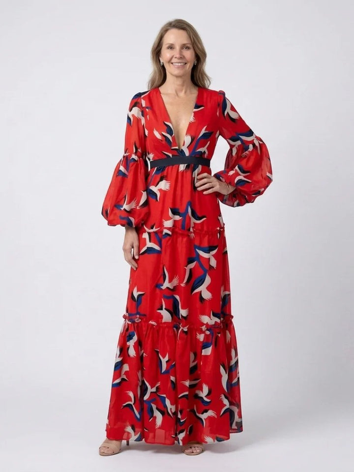 Long Sleeve Maxi Dress | V Neck | Tie Waist-Fashion Nora