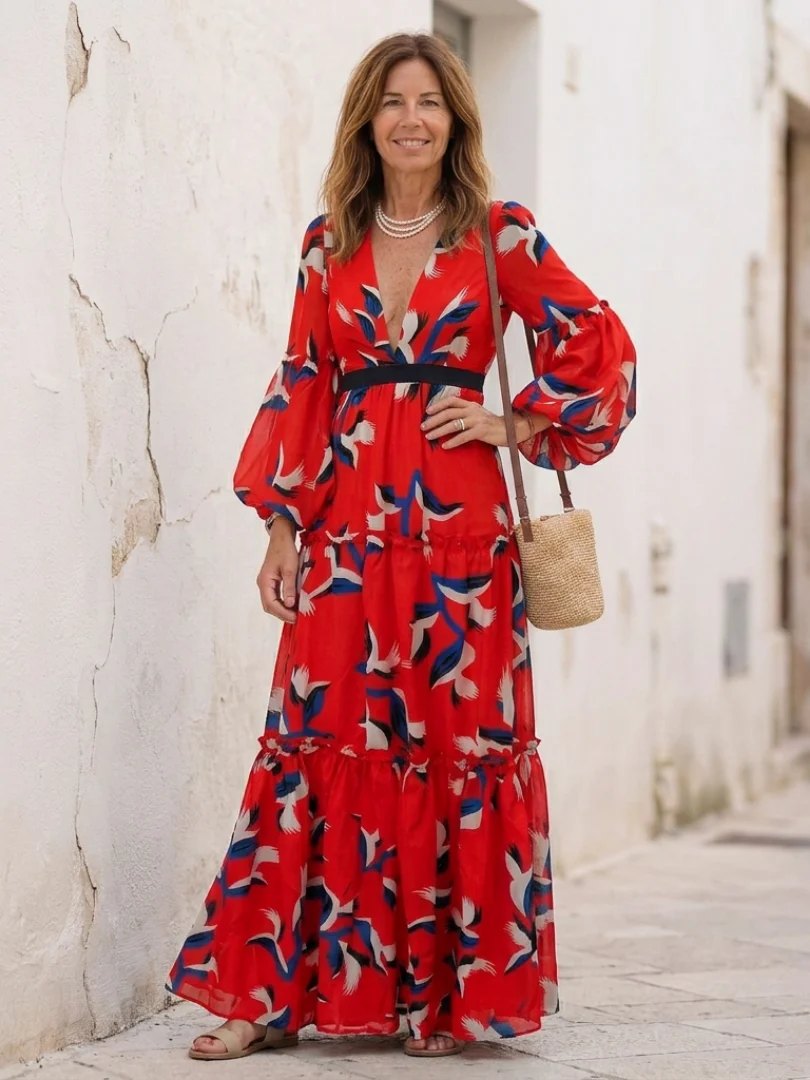 Long Sleeve Maxi Dress | V Neck | Tie Waist-Fashion Nora