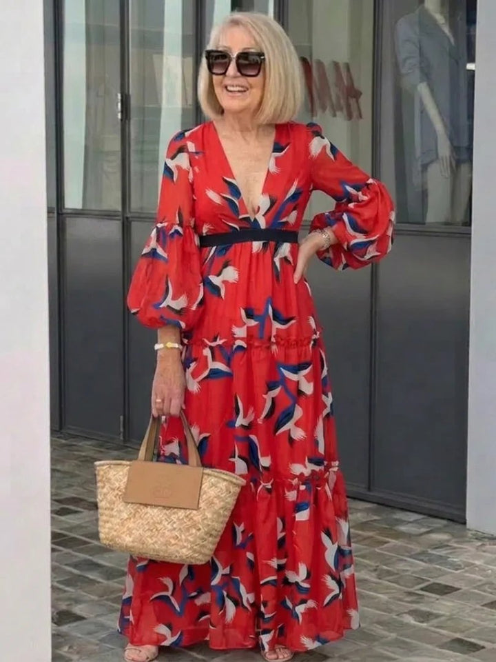 Long Sleeve Maxi Dress | V Neck | Tie Waist-Fashion Nora