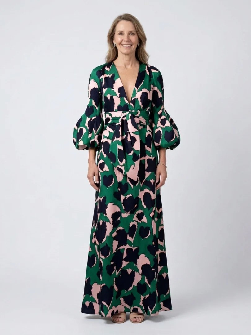 Long Sleeve Maxi Dress | V Neck | Tie Waist-Fashion Nora
