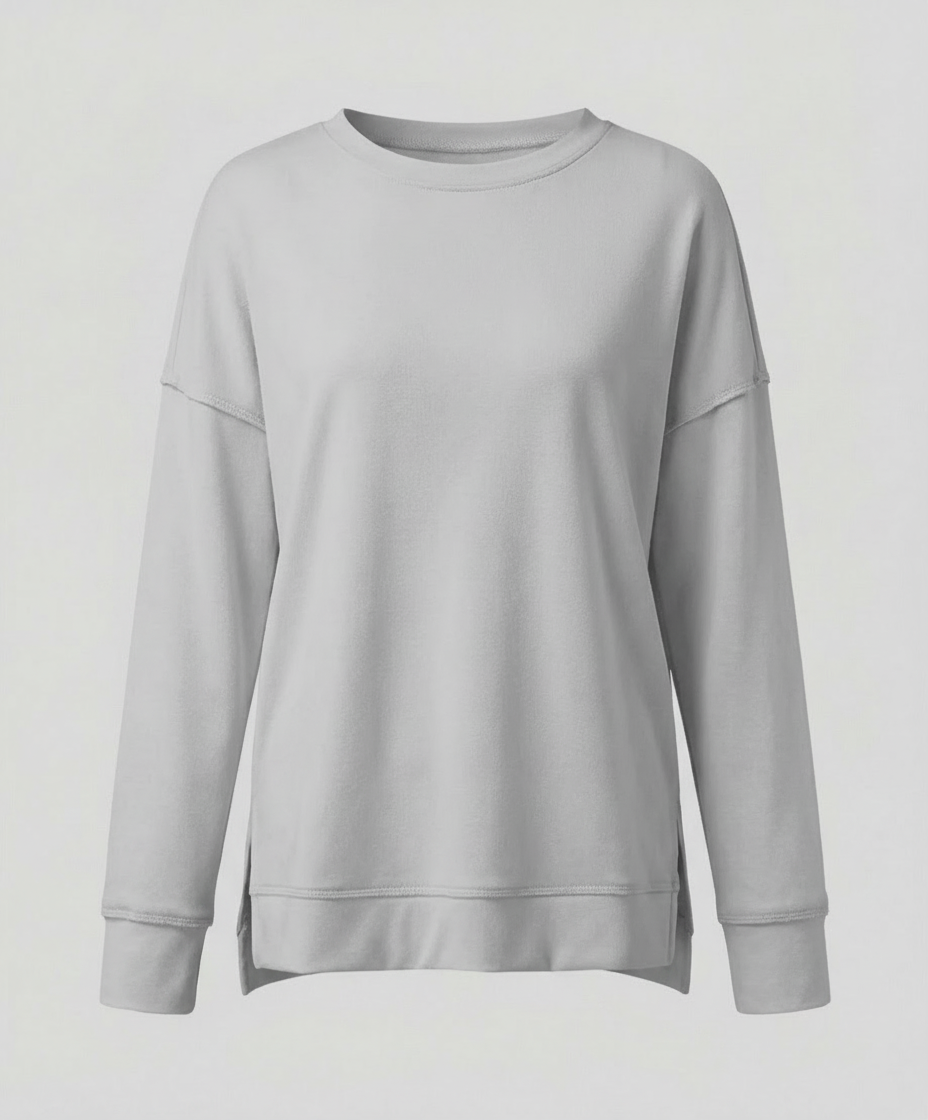 Longline Crew Sweatshirt | Side Slit Hem | Oversized Fit-Fashion Nora