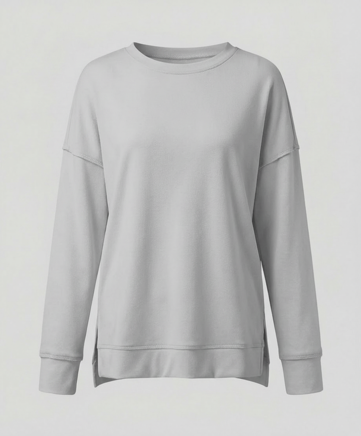 Longline Crew Sweatshirt | Side Slit Hem | Oversized Fit-Fashion Nora