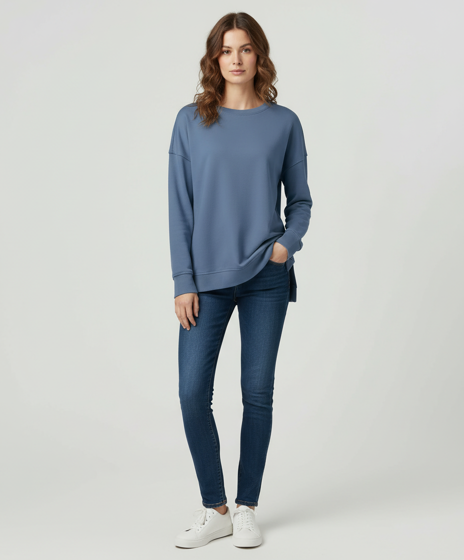 Longline Crew Sweatshirt | Side Slit Hem | Oversized Fit-Fashion Nora