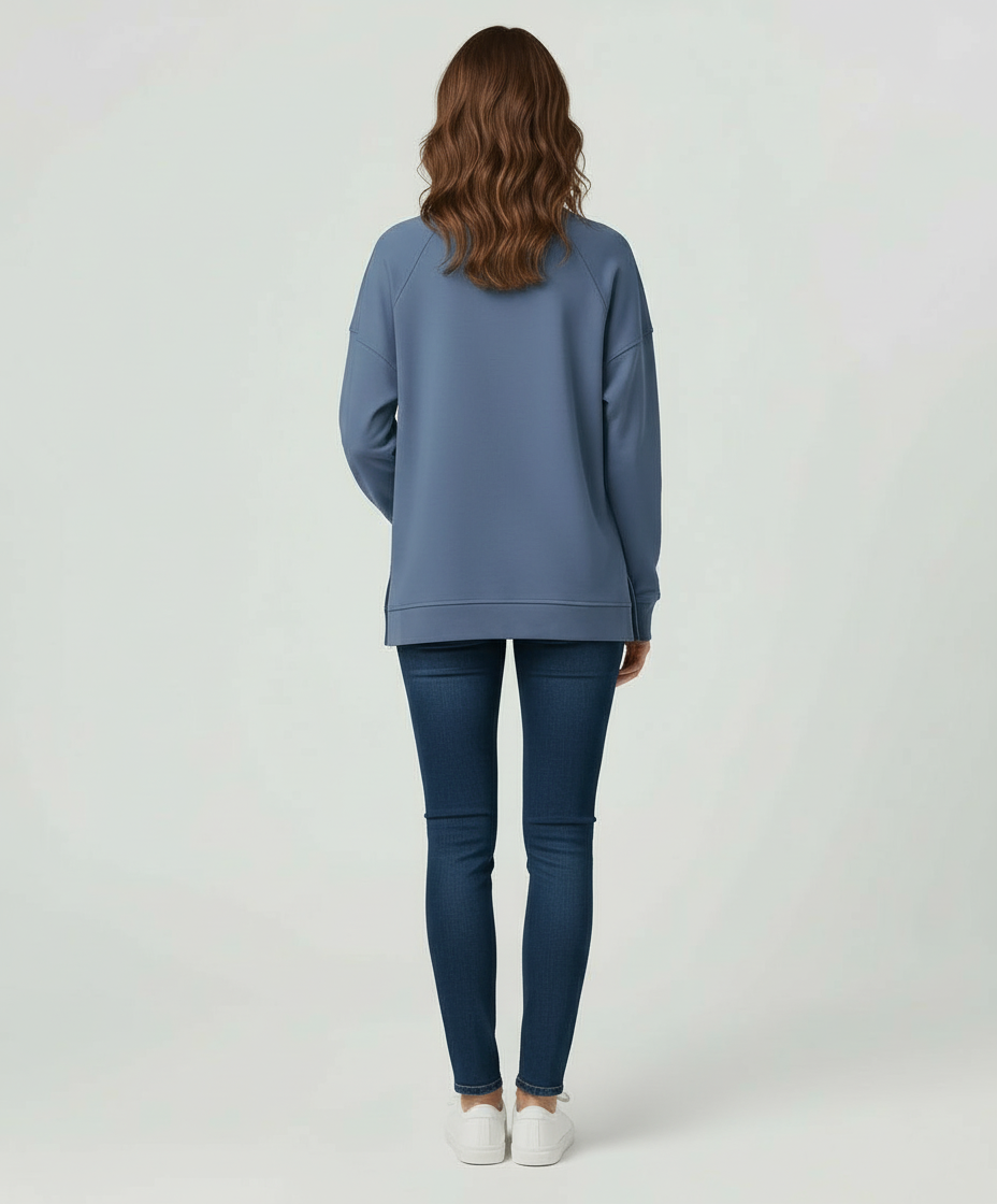 Longline Crew Sweatshirt | Side Slit Hem | Oversized Fit-Fashion Nora