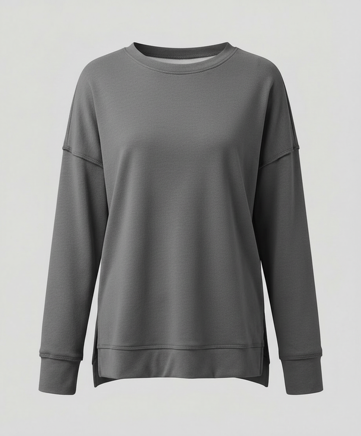Longline Crew Sweatshirt | Side Slit Hem | Oversized Fit-Fashion Nora