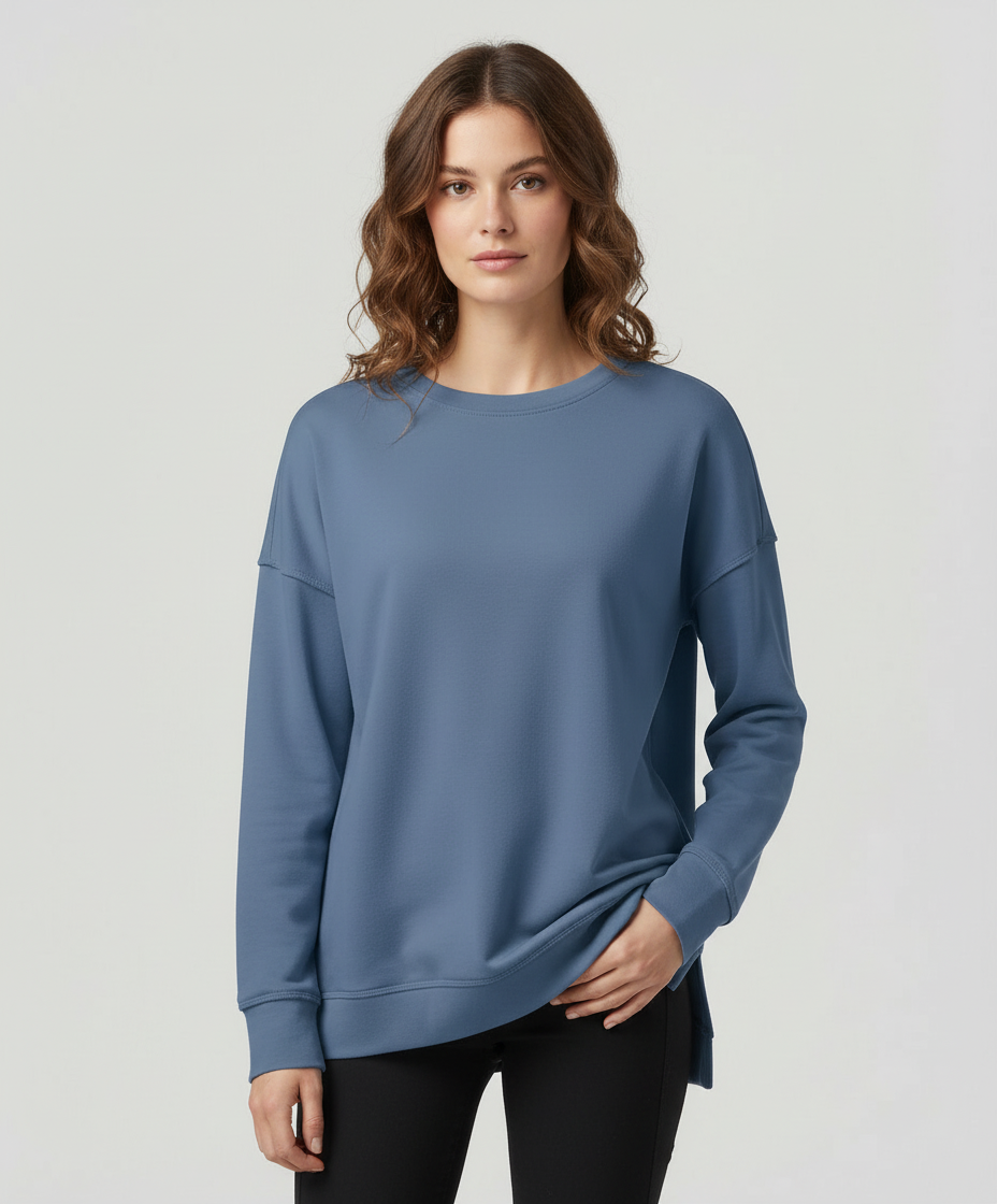 Longline Crew Sweatshirt | Side Slit Hem | Oversized Fit-Fashion Nora