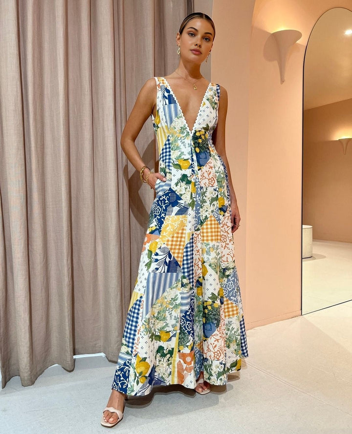 Maxi Dress | Sleeveless | Patchwork | V-Neck Dress | Summer Dress-Fashion Nora