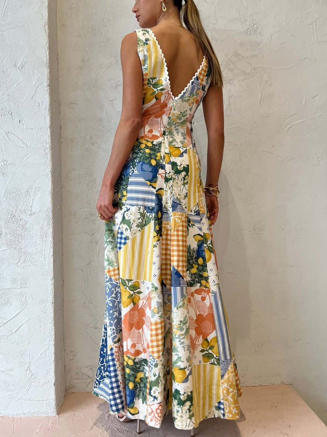 Maxi Dress | Sleeveless | Patchwork | V-Neck Dress | Summer Dress-Fashion Nora