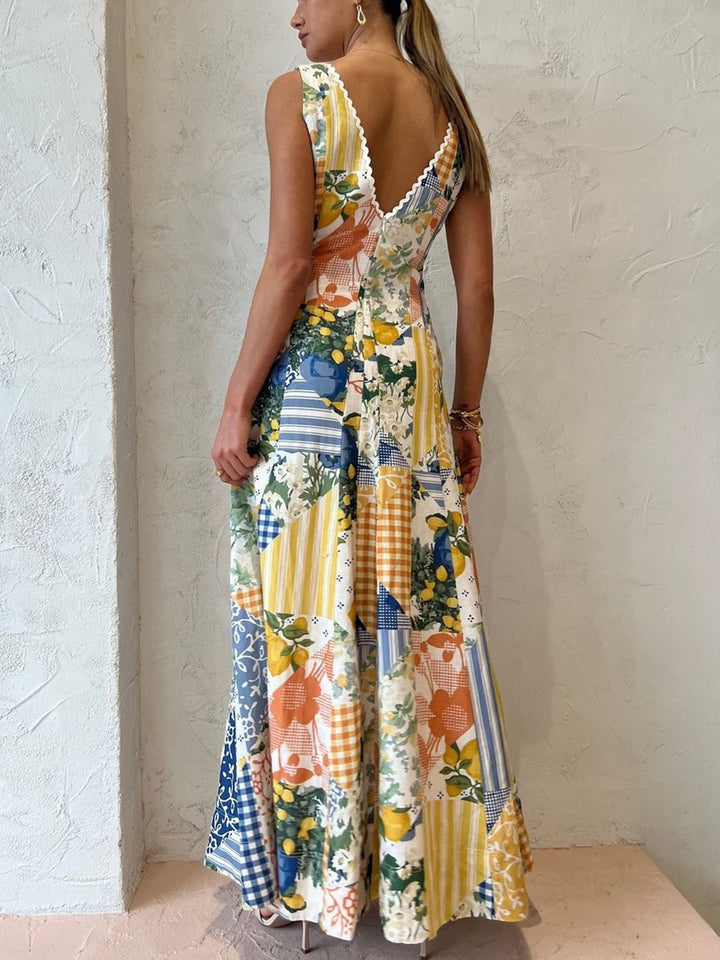 Maxi Dress | Sleeveless | Patchwork | V-Neck Dress | Summer Dress-Fashion Nora