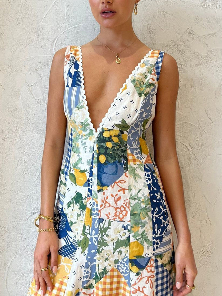 Maxi Dress | Sleeveless | Patchwork | V-Neck Dress | Summer Dress-Fashion Nora