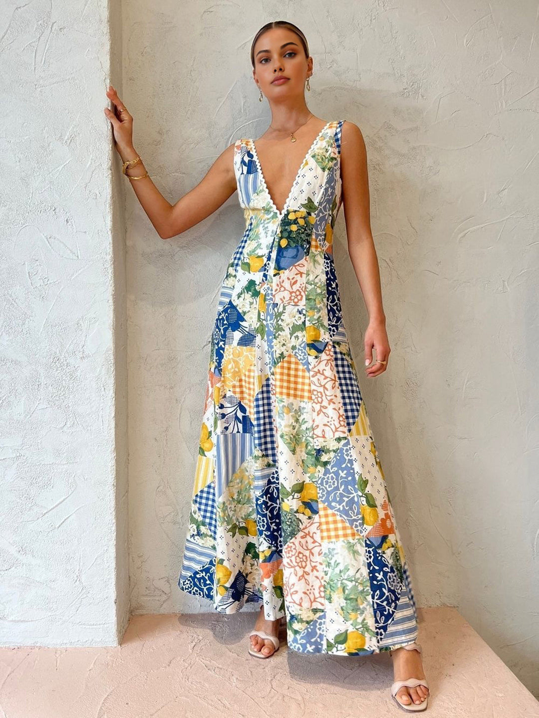 Maxi Dress | Sleeveless | Patchwork | V-Neck Dress | Summer Dress-Fashion Nora