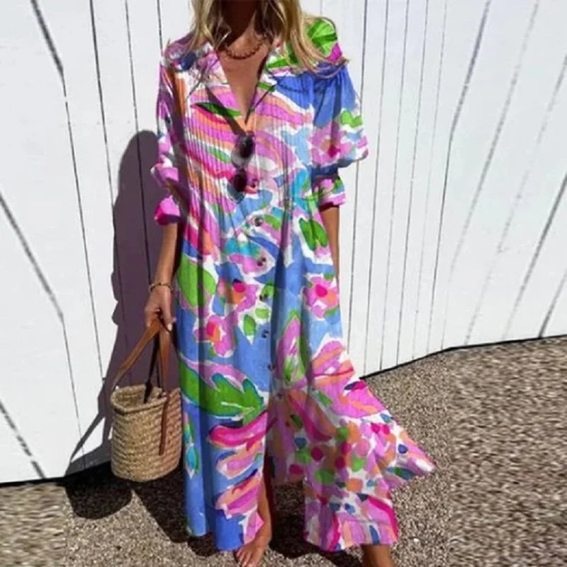 Maxi Summer Dress | Oversized Button-Up Shirt Dress-Fashion Nora