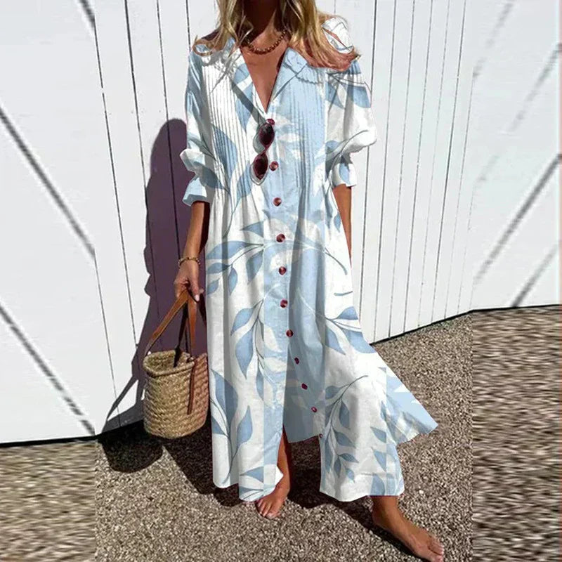 Maxi Summer Dress | Oversized Button-Up Shirt Dress-Fashion Nora