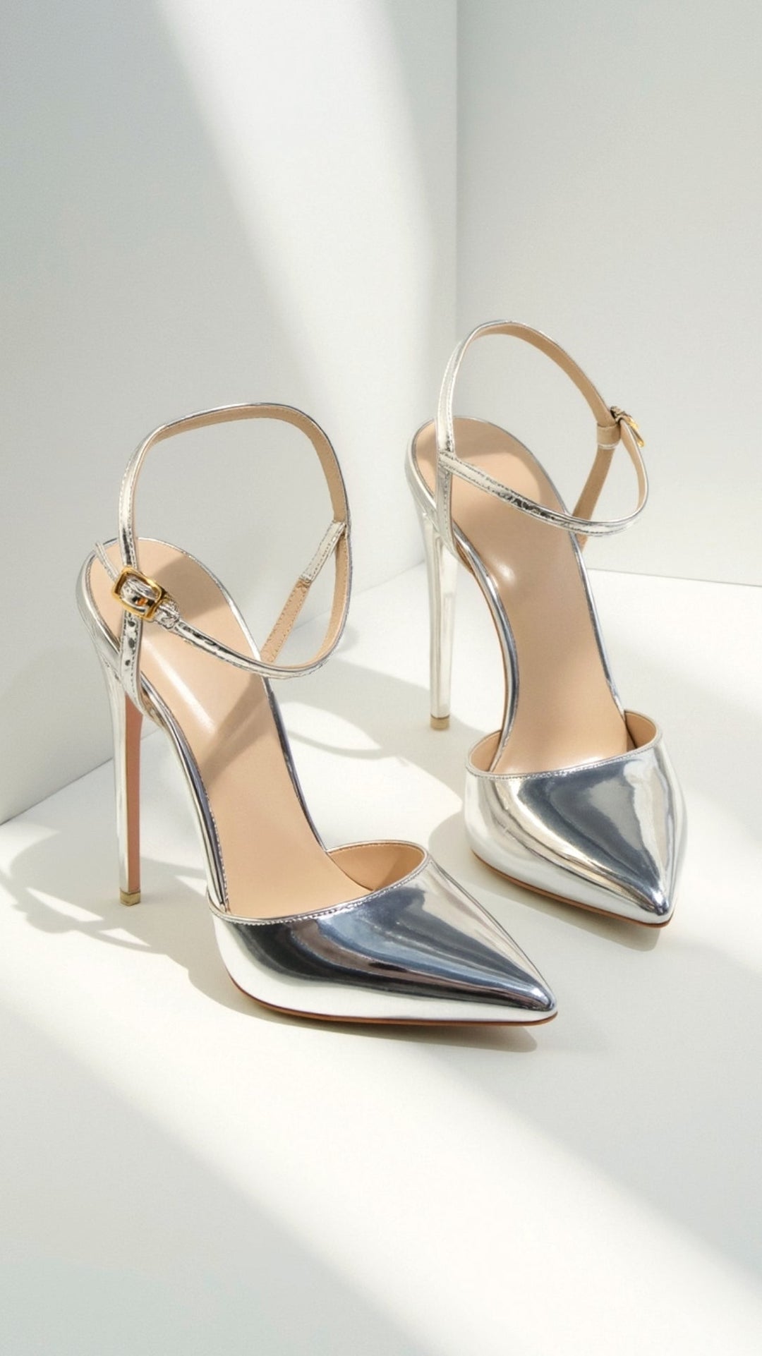 Metallic Pointed Toe Pumps | Ankle Strap Heels | Court Shoes-Fashion Nora