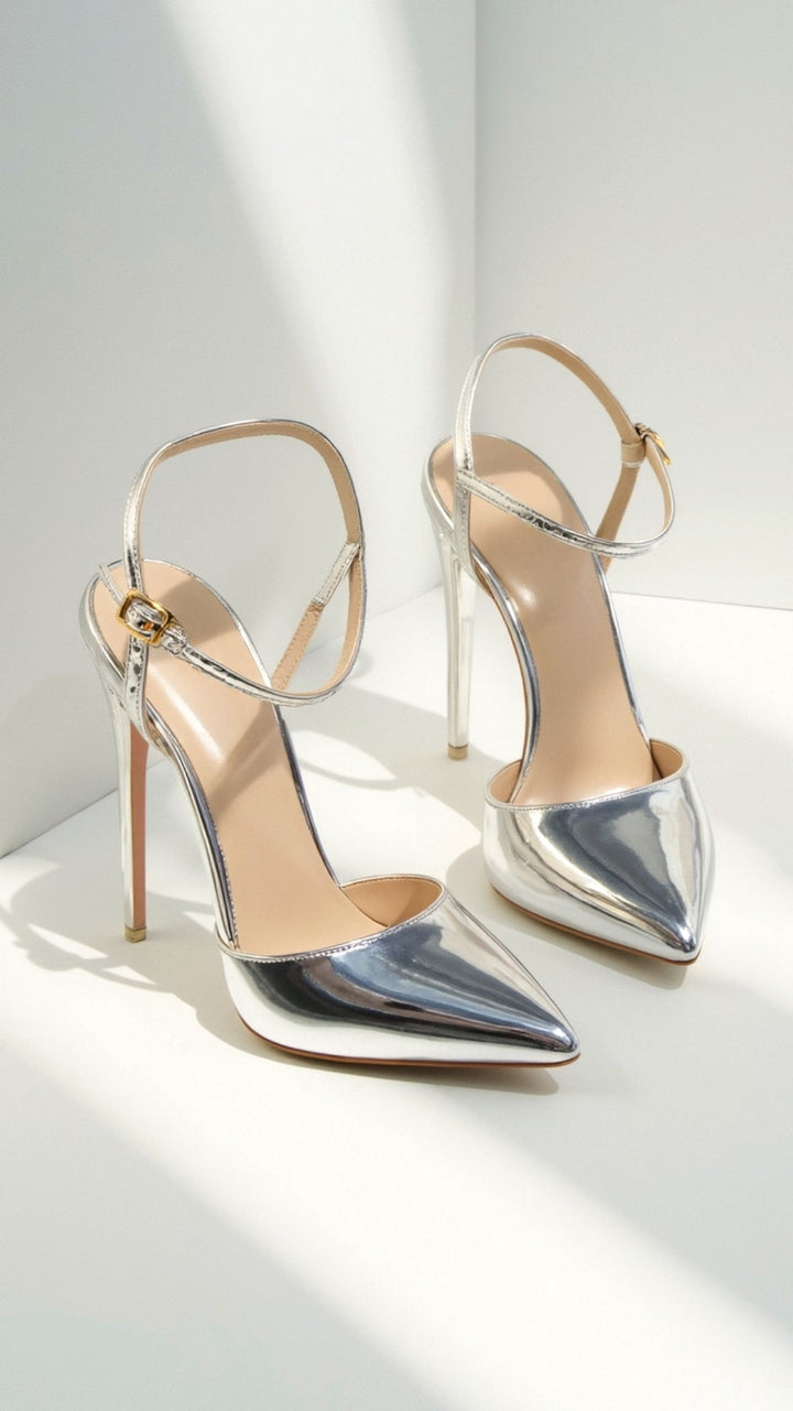Metallic Pointed Toe Pumps | Ankle Strap Heels | Court Shoes-Fashion Nora