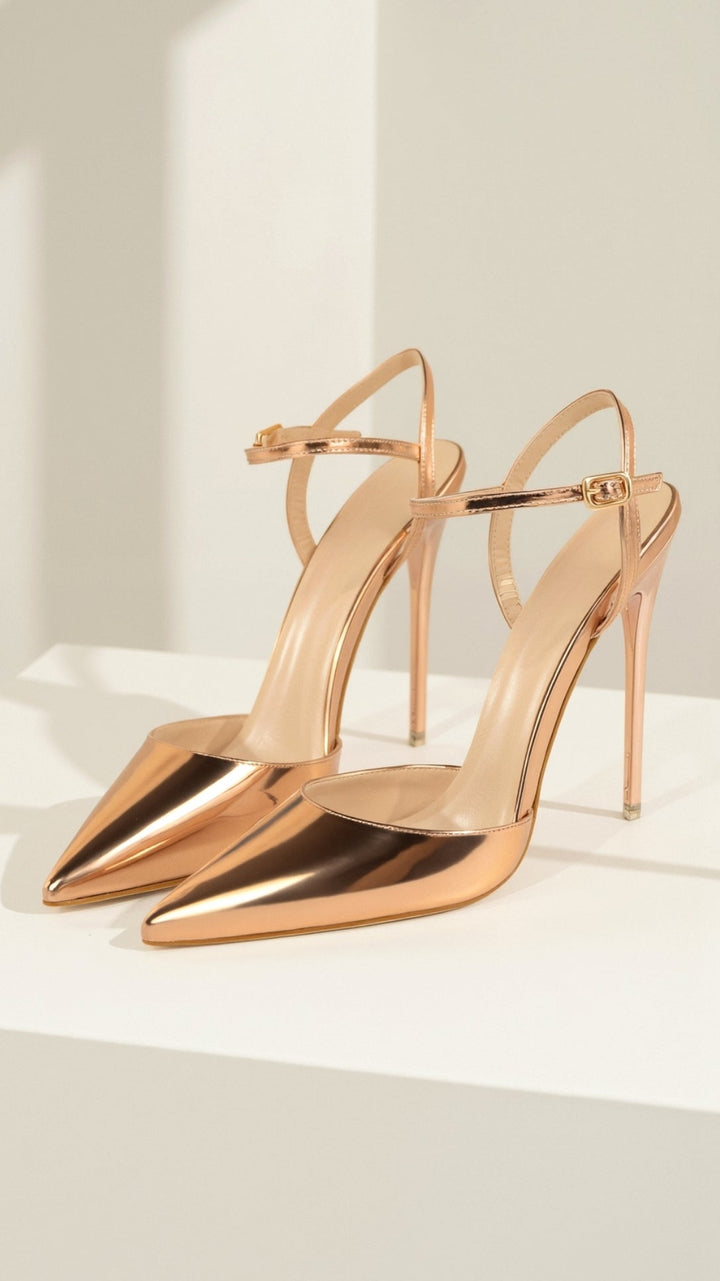 Metallic Pointed Toe Pumps | Ankle Strap Heels | Court Shoes-Fashion Nora