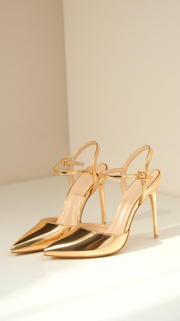 Metallic Pointed Toe Pumps | Ankle Strap Heels | Court Shoes-Fashion Nora