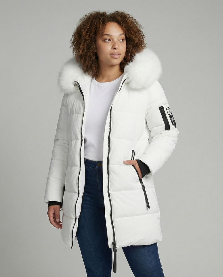 Mid-Length Puffer Jacket | Faux Fur Hood Trim | Windproof | Zip Pockets-Fashion Nora