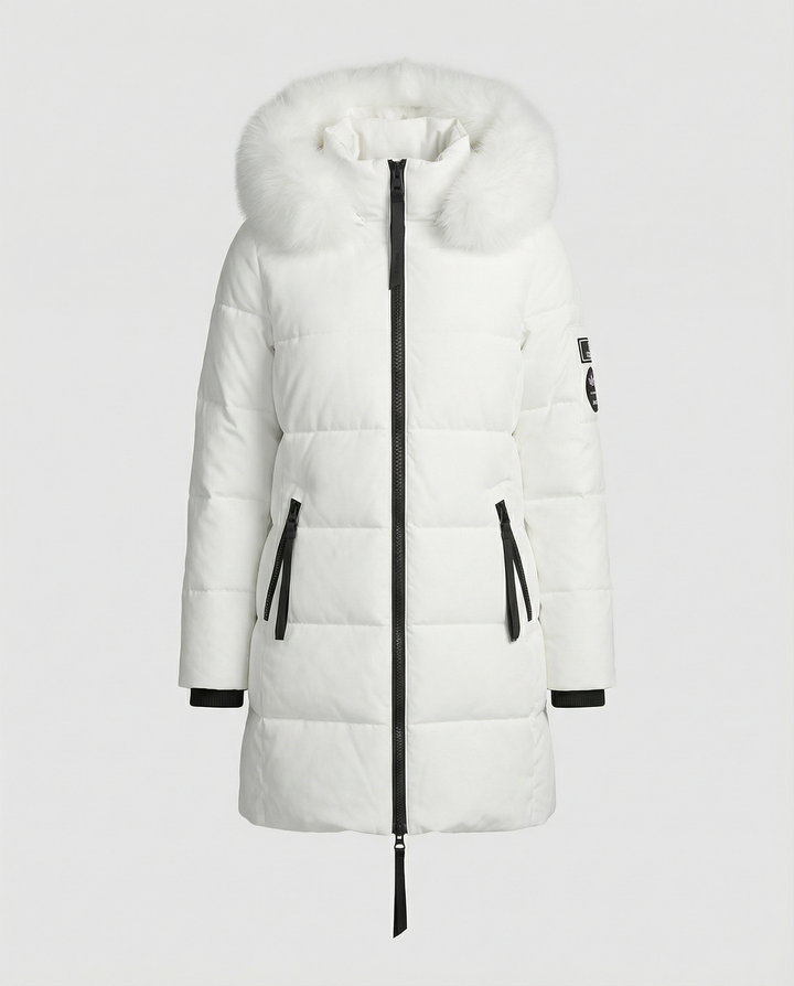 Mid-Length Puffer Jacket | Faux Fur Hood Trim | Windproof | Zip Pockets-Fashion Nora