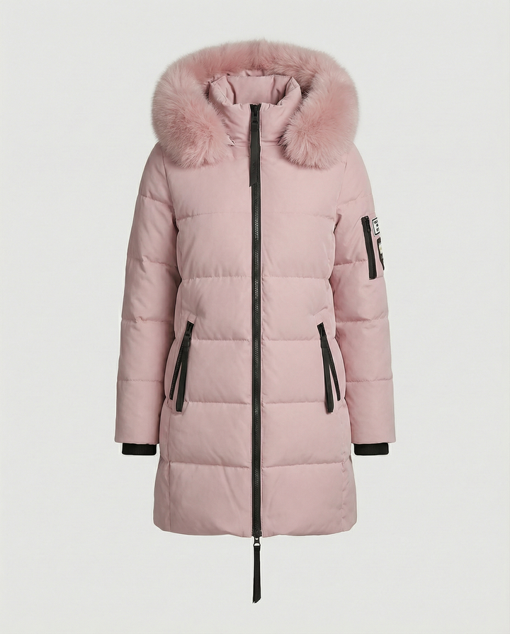 Mid-Length Puffer Jacket | Faux Fur Hood Trim | Windproof | Zip Pockets-Fashion Nora