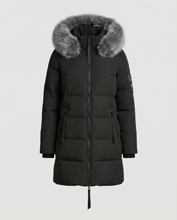 Mid-Length Puffer Jacket | Faux Fur Hood Trim | Windproof | Zip Pockets-Fashion Nora