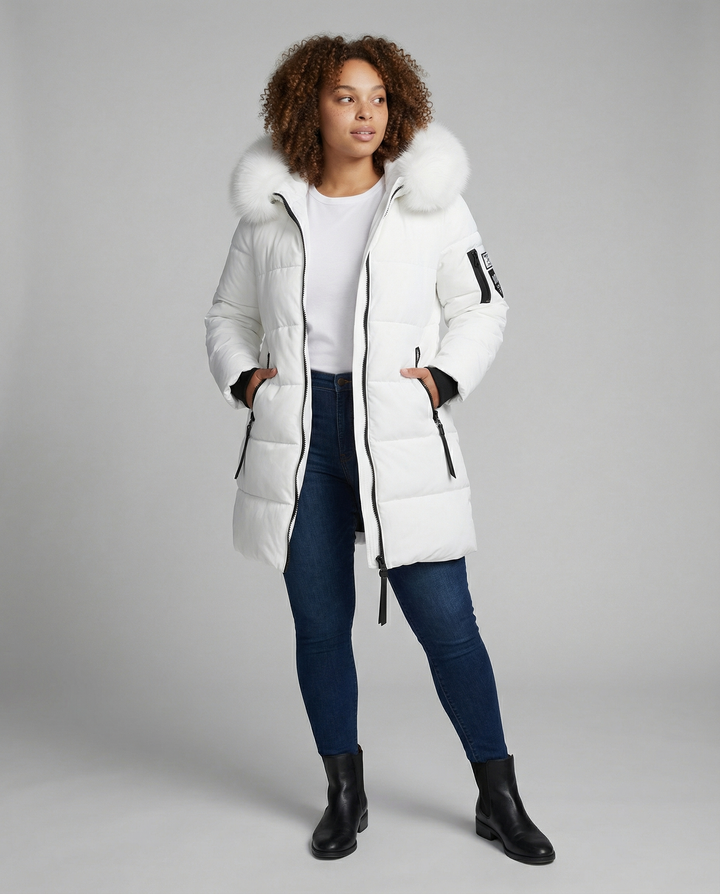 Mid-Length Puffer Jacket | Faux Fur Hood Trim | Windproof | Zip Pockets-Fashion Nora