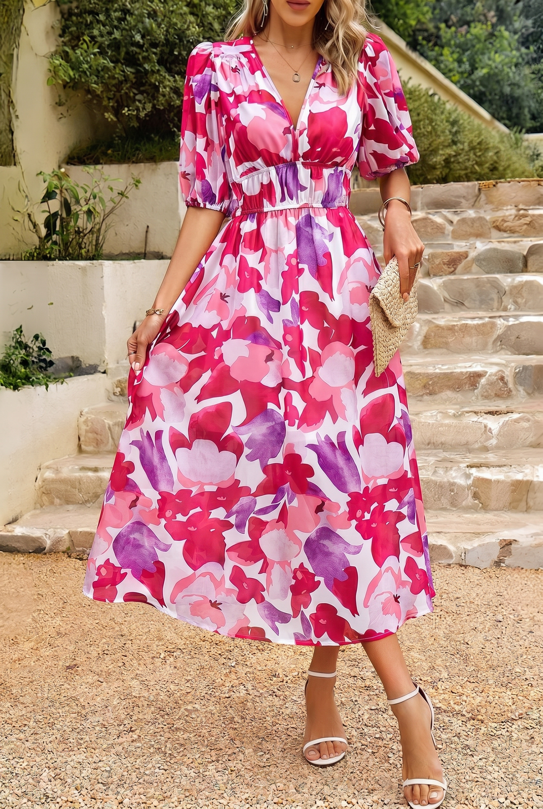 Midi Summer Dress | Elegant Puff-Sleeve Floral Dress-Fashion Nora