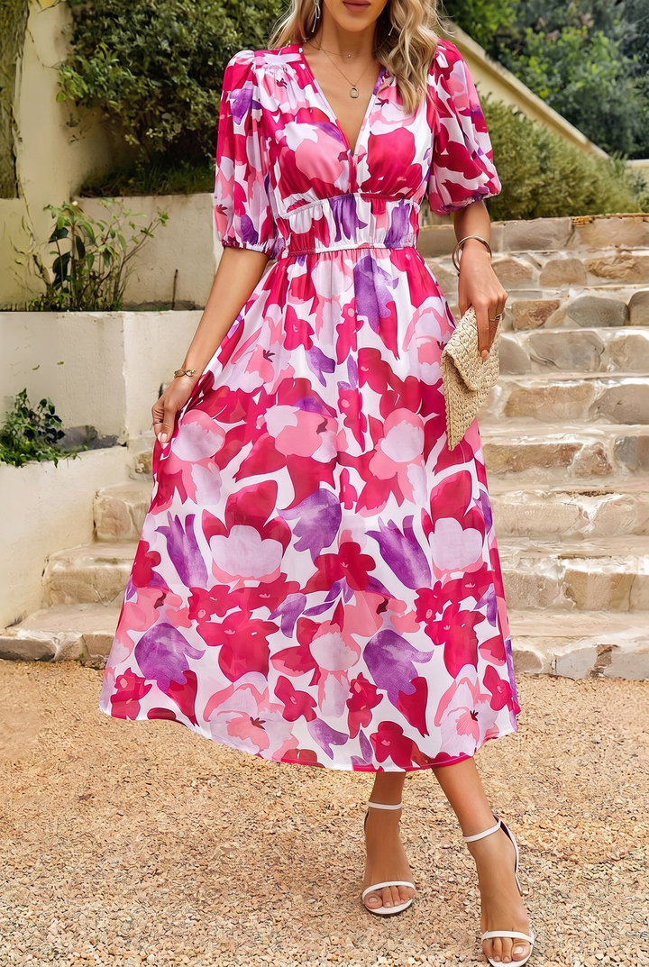 Midi Summer Dress | Elegant Puff-Sleeve Floral Dress-Fashion Nora