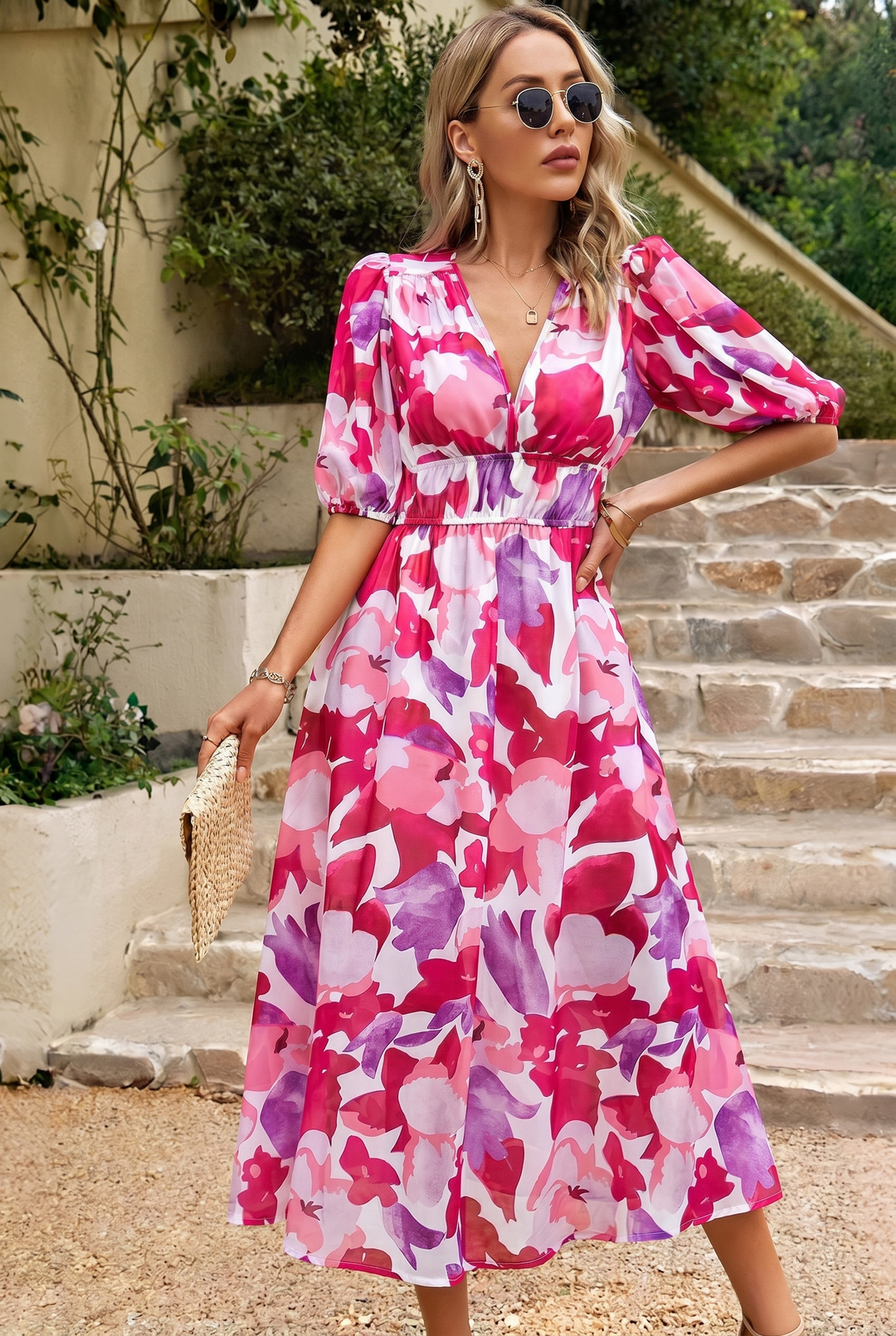 Midi Summer Dress | Elegant Puff-Sleeve Floral Dress-Fashion Nora