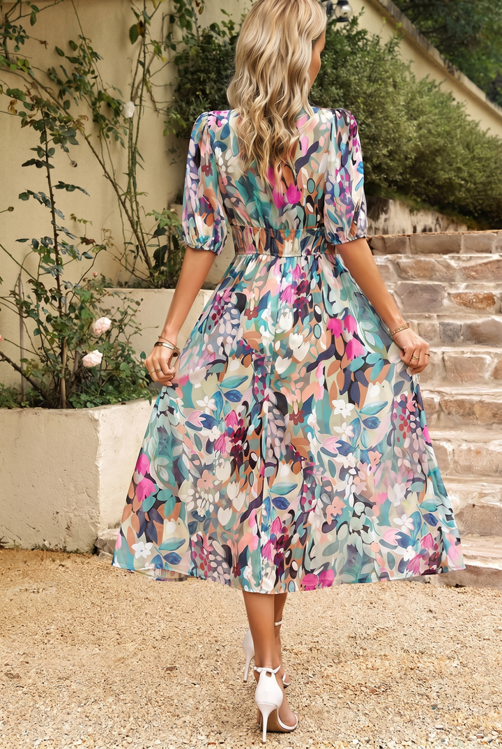 Midi Summer Dress | Elegant Puff-Sleeve Floral Dress-Fashion Nora