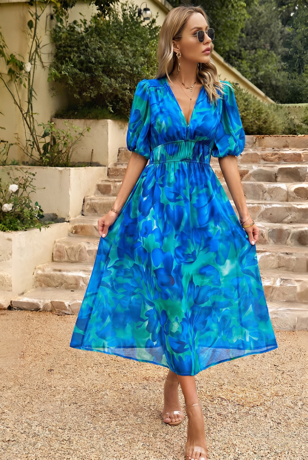 Midi Summer Dress | Elegant Puff-Sleeve Floral Dress-Fashion Nora