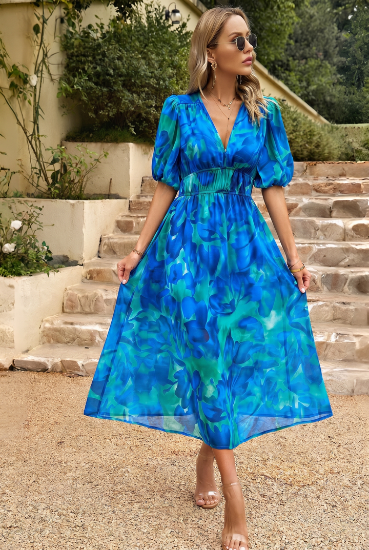 Midi Summer Dress | Elegant Puff-Sleeve Floral Dress-Fashion Nora