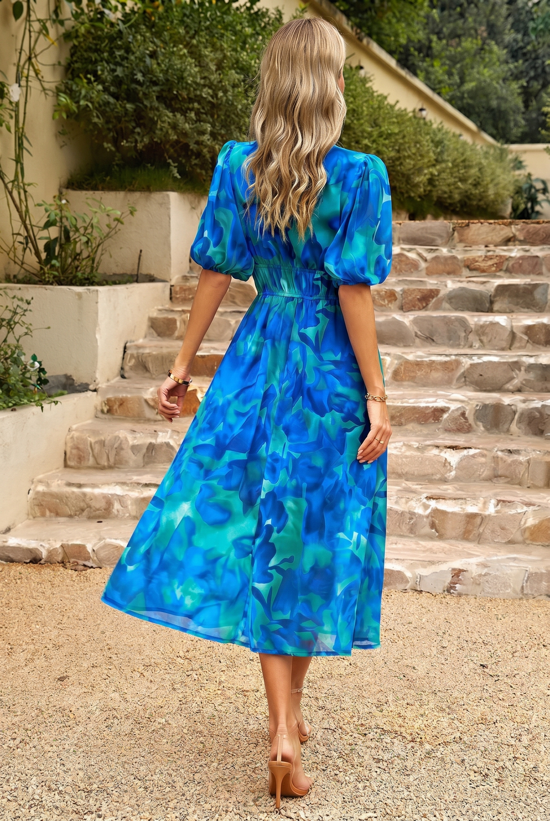Midi Summer Dress | Elegant Puff-Sleeve Floral Dress-Fashion Nora