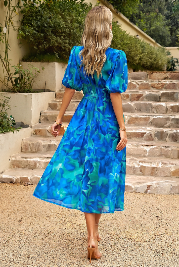 Midi Summer Dress | Elegant Puff-Sleeve Floral Dress-Fashion Nora